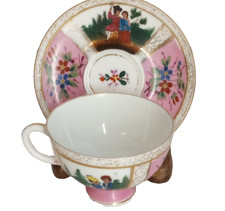 Vintage Miniature Teacup  Saucer Victorian Couple w Floral  Gold Trim Signed