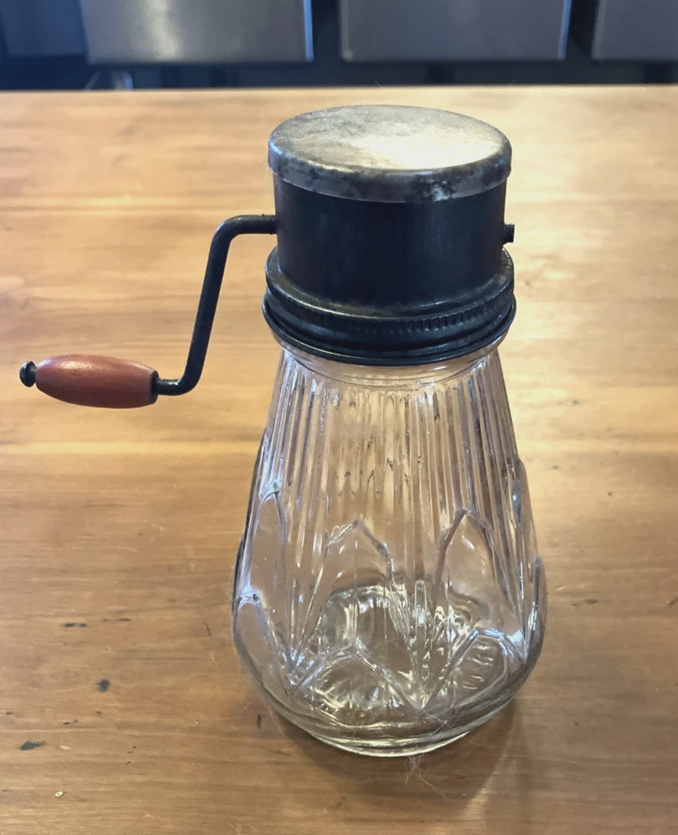 Vintage Patina Mid Century Art Deco Medco NY Spice Grinder Designed Glass Jar