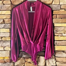 Nellie Mae Pink Long Sleeve Bodysuit With Deep V-neck & Draped Front Size M