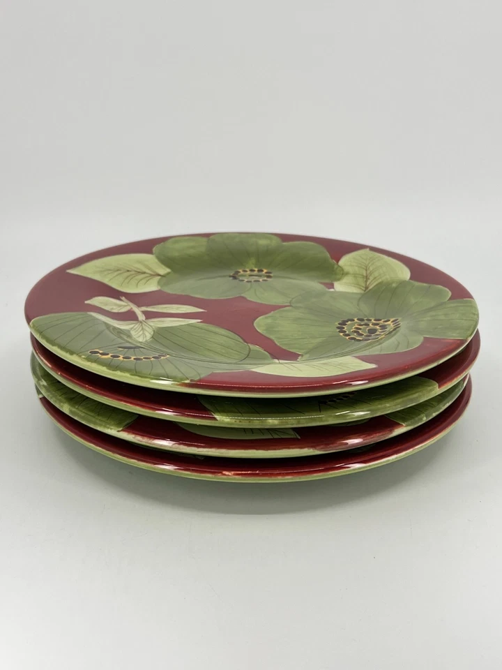 4 дизайнерские салатные тарелки Olivia LAURIE GATES темно-бордовые и зеленые тарелки цветок 8,5 дюйма - Изображение 2 из 4