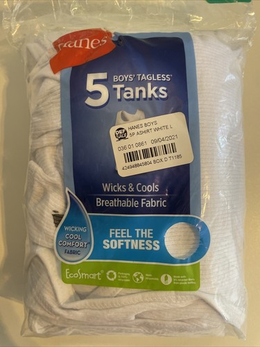 Hanes 5-Pack Tagless Tanks, Big Boy's Size L, White NEW Open Box - Picture 2 of 5