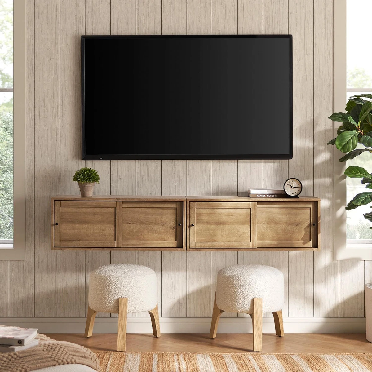 Mueble De TV De Pared Con Luces LED | 4 Piezas En Madera De Ingeniería Blanco | Soporte Flotante Para Televisor Y Almacenamiento