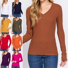 Women V Neck Long Sleeve Soft Thermal Shirt Cotton Waffle Knit Warm Layering Top