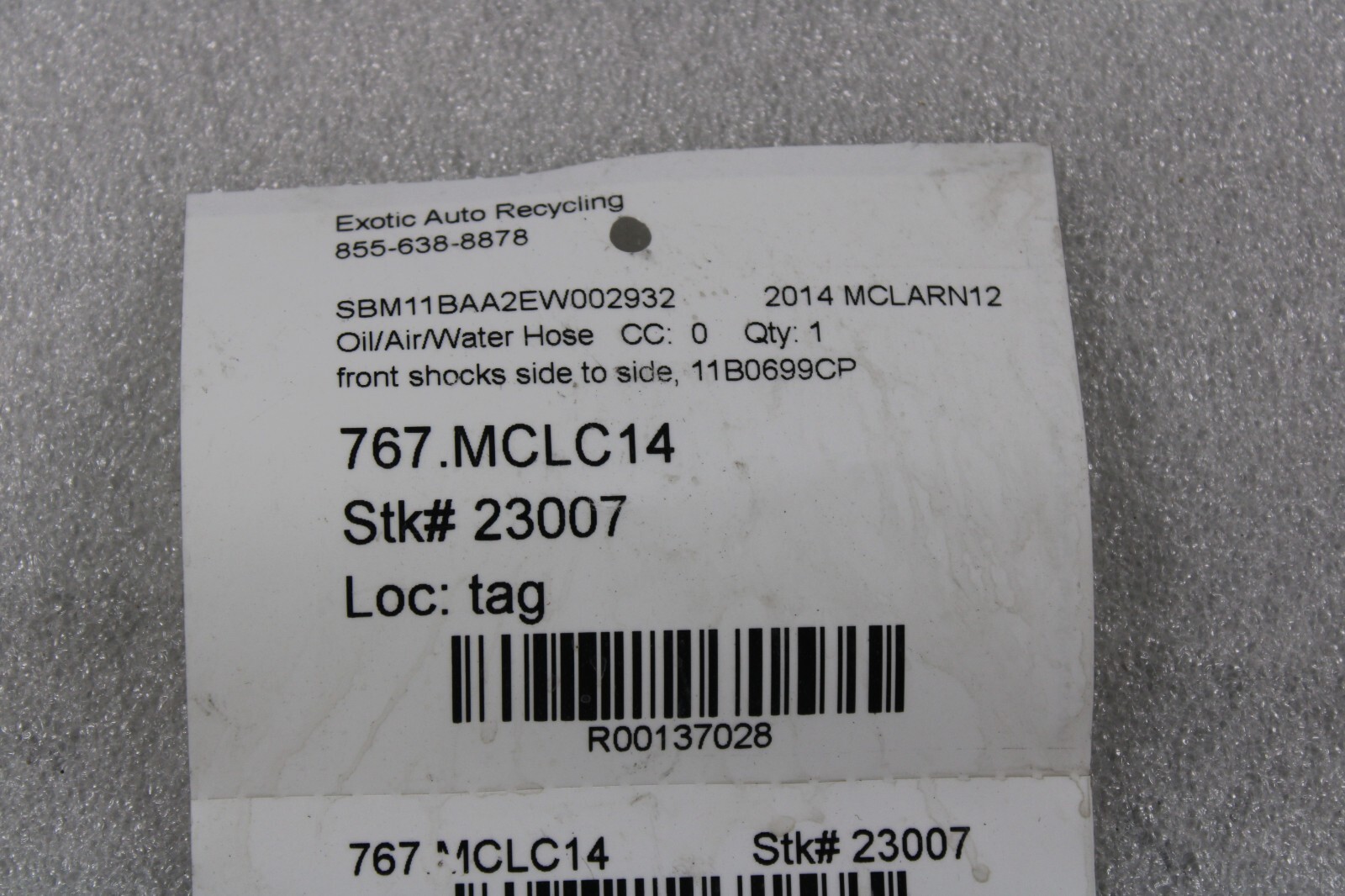 Mclaren MP4-12C, Front Shock Hose, Side to Side, Used, P/N 11B0699CP