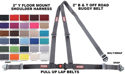 3 POINT Y FLOOR MOUNT HARNESS 2'' SEAT BELT SNAP LAP BOLT SHOULDER CHARCOAL