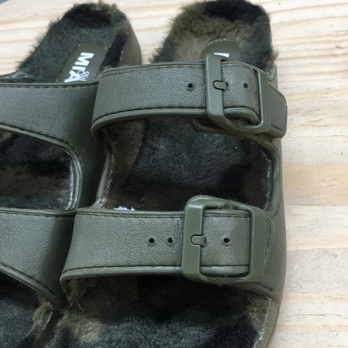 Mia Sandals Womens 7 Slip On Slides Olive Casual Open Toe Buckle Strap Faux Fur - Picture 8 of 17