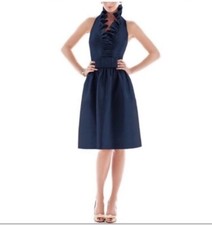 Alfred Sung Dress D468 Halter Taffeta Midnight Blue Cocktail Wedding Bridesmaid