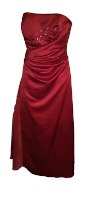 babydoll prom dress long 90s Womens Red Babydoll Satin Beaded Strapless Ruched Column Maxi Prom Dress  10