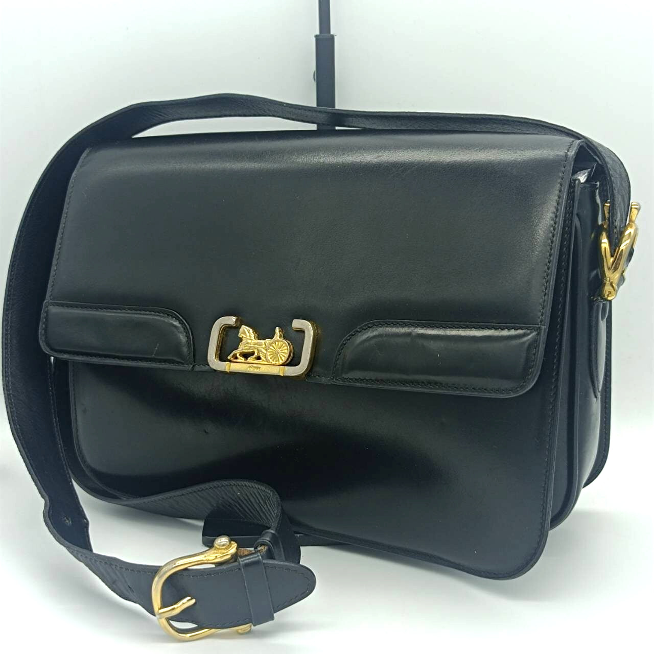 CELINE Leather Shoulder Bag Horse Carriage Gold Metal