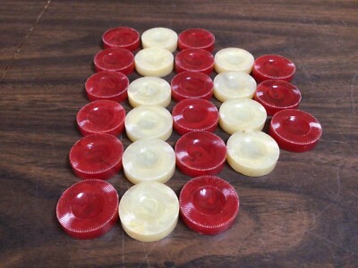 25 Vintage Backgammon Checker Pieces Red & Ivory Swirl Plastic Chips Replacement