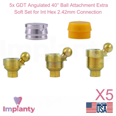 5x Dental Angulated 40° Ball Attachment Extra Soft Set Titanium Int Hex 2.42mm