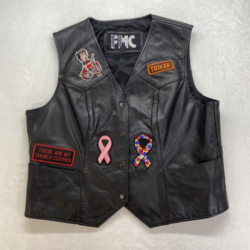 Vintage FMC Biker Leather Motorcycle Vest XXL Heaven Twin Towers Black - flaw