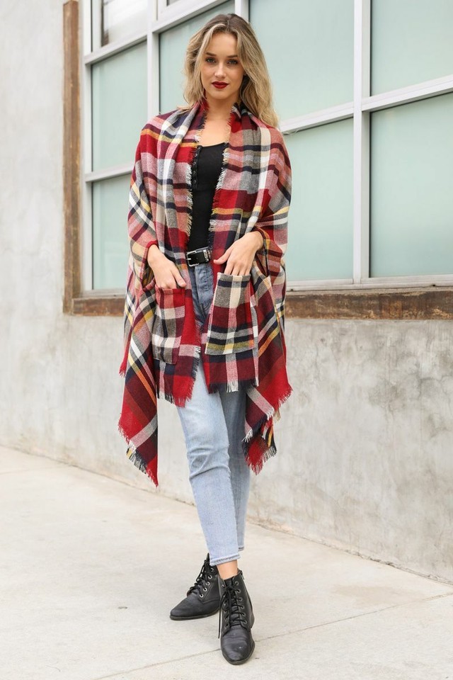 Women Classic Plaid Pocket Ruana Open Front Multicolor Cardigan Poncho ...