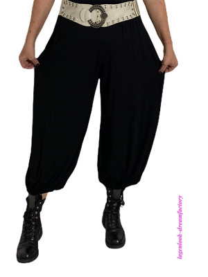 Myo Lagenlook Marlene Balloon Pants Zugband&loch Black Jersey Pockets 5 Sizes