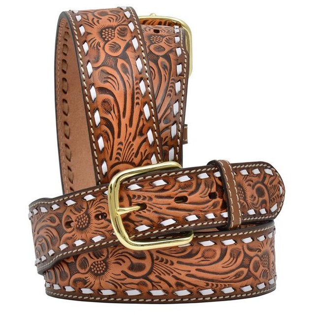 3D Western Mens Belt Leather Embossed Floral Tapered Buckstitch Brown