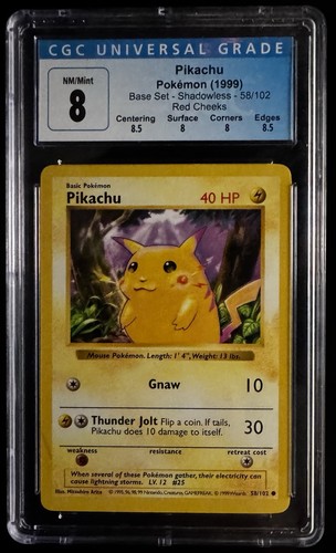1999 Pokemon Pikachu 58/102 Base Set Shadowless Red Cheeks NM-MT #58 CGC 8