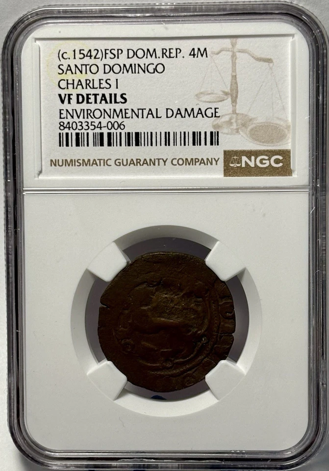1542 DOMINICAN REPUBLIC 4 MARAVEDIS. CHARLES I VF DETAILS. SANTO DOMINGO. - Image 2 of 4