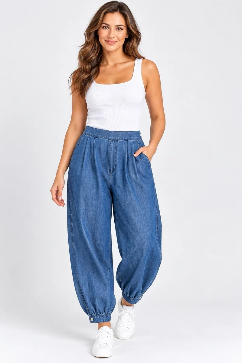 Pantalones H&M Divididos Para Mujer Azul Denim Globo Talla M Algodón Cintura Elástica Boho