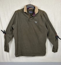 Barbour Mens Rugby Polo Shirt XL Olive Green Corduroy Collar Wool Elbow Patch