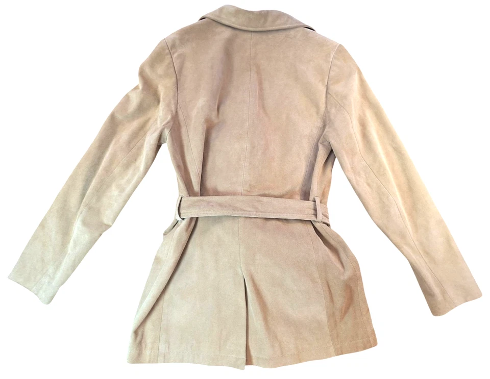 Chaqueta con cinturón Old Navy 100 % cuero gamuza para mujer MEDIANA chaquetón color camel Foto 3 de 4