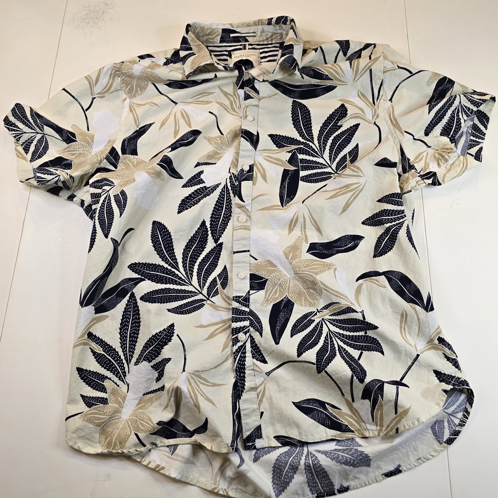 Denim & Flower Ricky Singh White Button Up Shirt Hawaiian Floral Palm Size XL