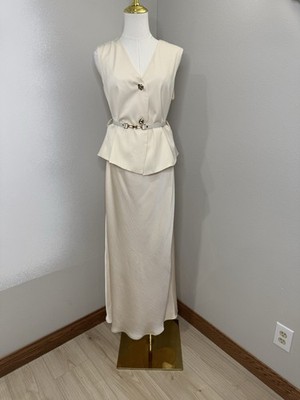 A. Peach Ivory Satin Maxi Dress Attached Vest Belted Size L NWT