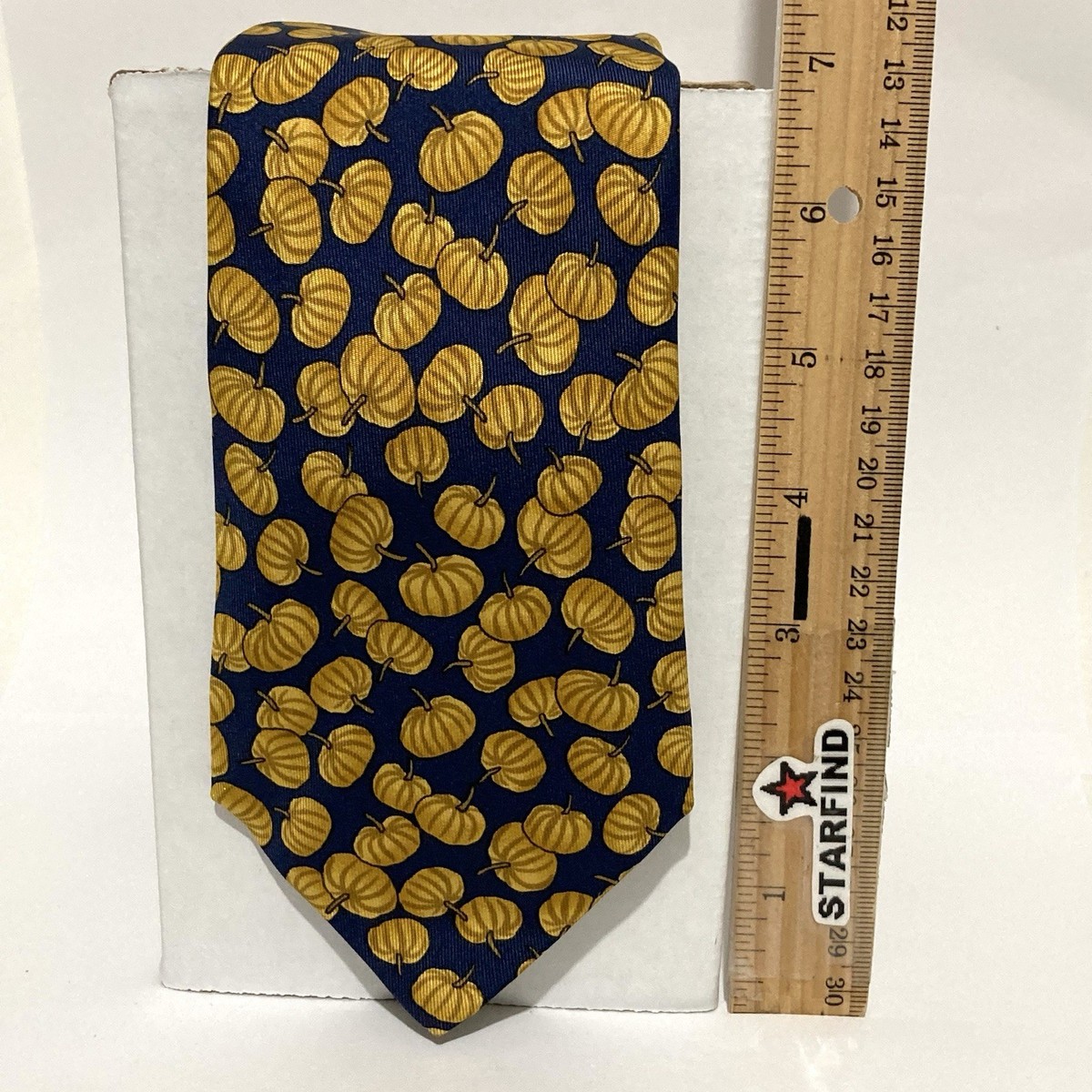 Hermes Tie 7451 HA Orange Pumpkins On Blue 100% Silk Mens Fall