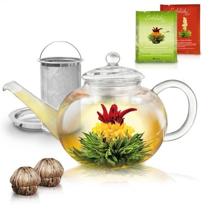 Creano Teekanne aus Glas 1,2l inklusive 2 Teeblumen Glasteekanne Sieb und Deckel