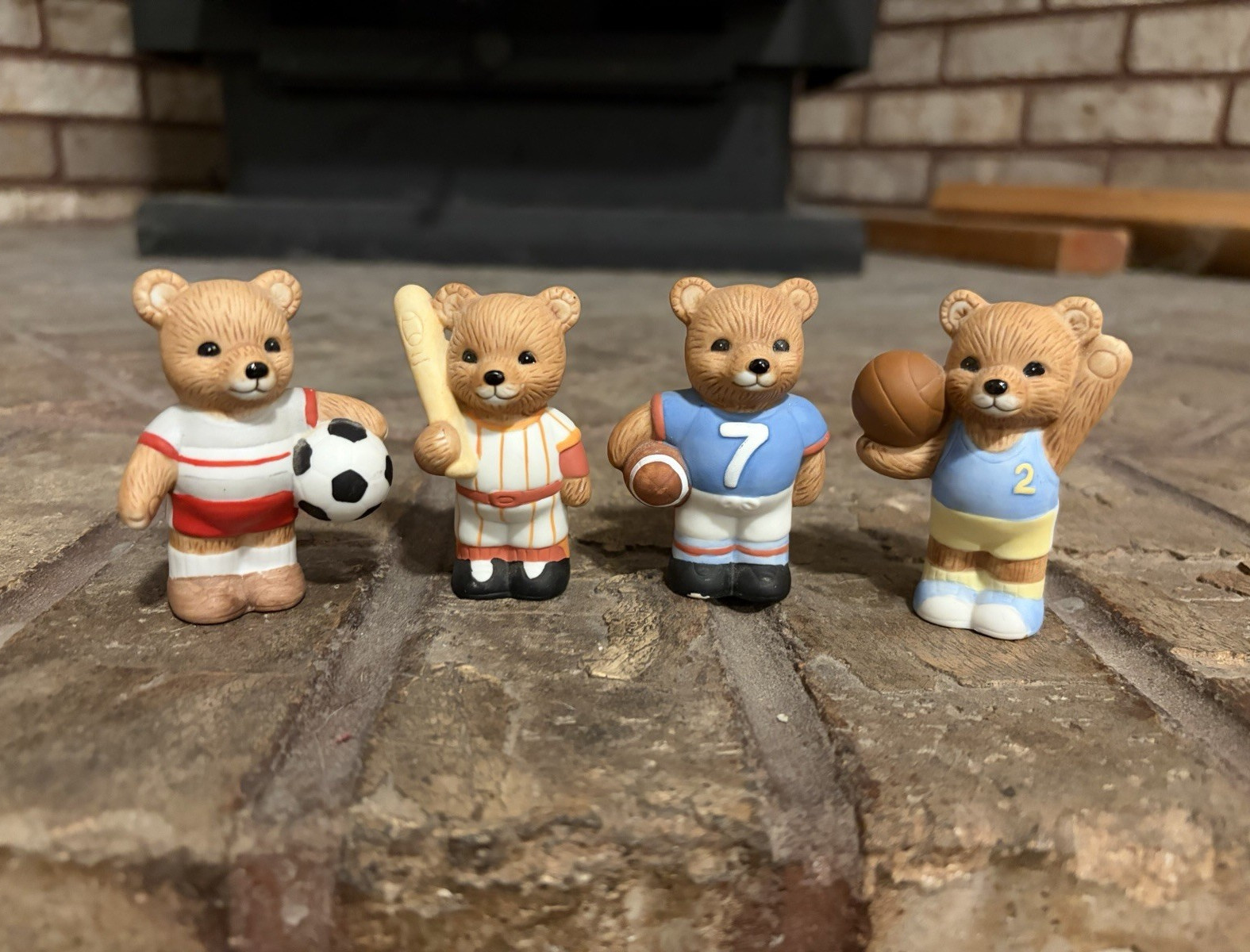 Set of 4 Miniature Bear Figurines Sports Theme w/ Soccer, Football, Baseball…