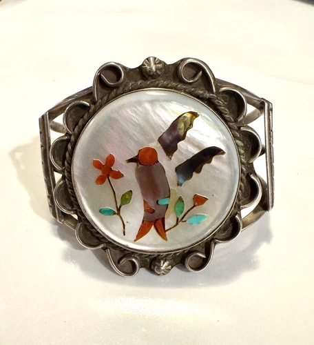 William Tsosie Sterling Native American MOP, Coral Inlay Bird Cuff Bracelet - Picture 1 of 5