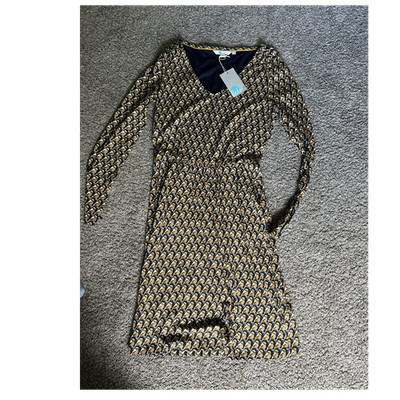 Boden Navy Yellow Bird Print Wrap Knee Length Dress Long Sleeve US 6