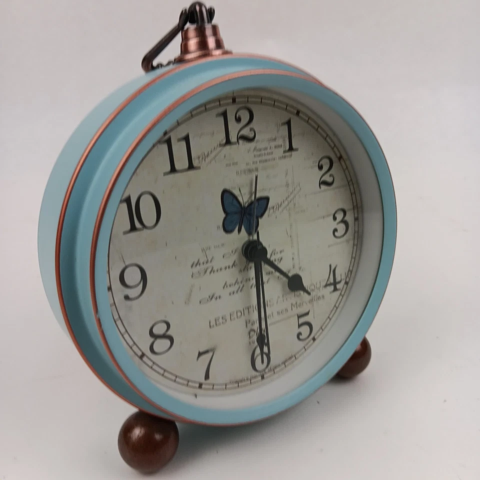 Blue Butterfly Alarm Clock Retro Vintage Look Paris Decor Desk Table Home Art - Image 3 of 4