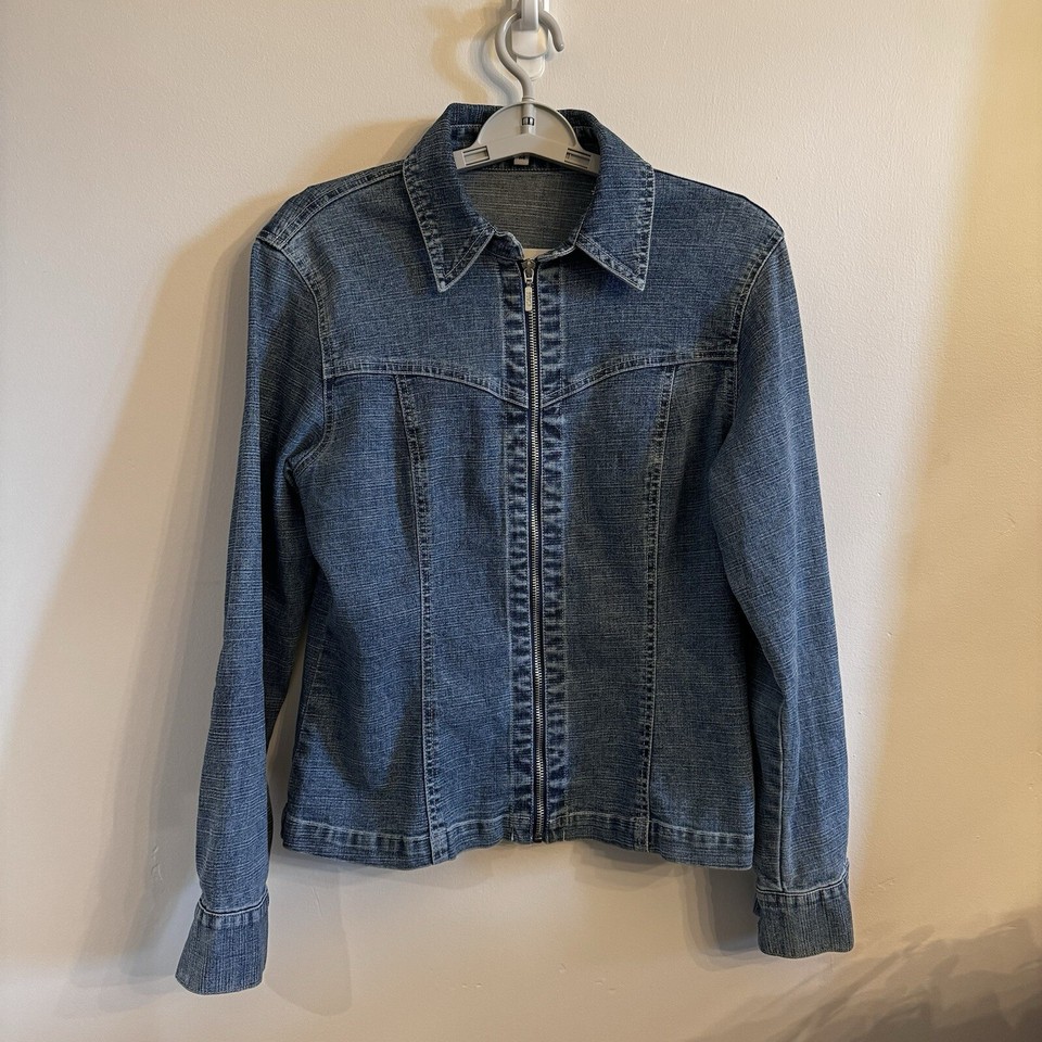 CABI Womens Zipper Pull Denim Jean Jacket Size M Style 125 Linen Blend