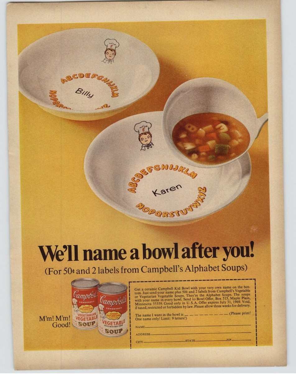1968 Campbell's Alphabet Vegetable Soup Bowl Offer Promo Vintage