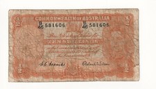 1952 Australia 10 Shillings Banknote - R15 - Coombs / Wilson - Poor - # 32880