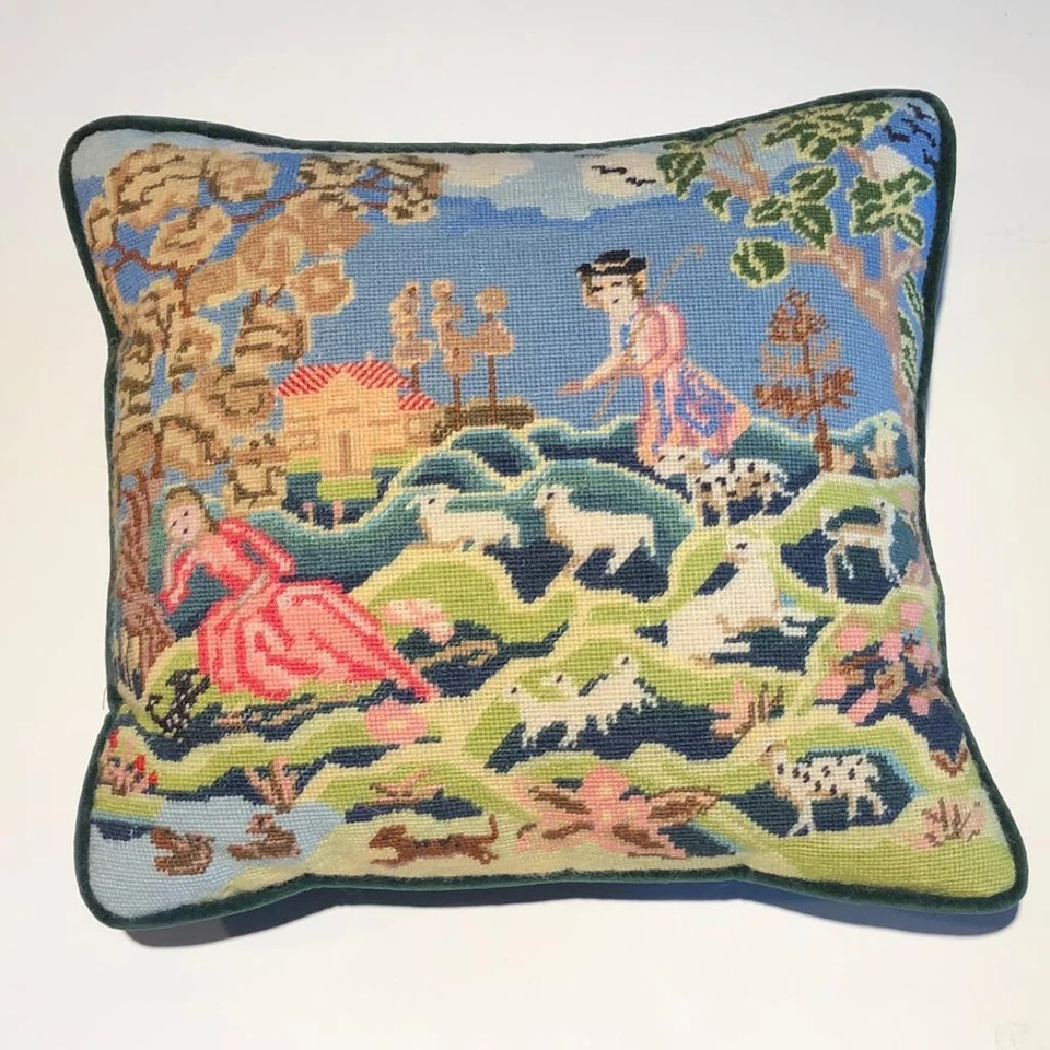 Punta de aguja renacentista 1700 escena pastor ovejas granja campo francés 14" Foto 2 de 4