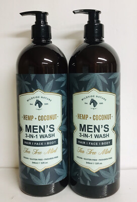 2 Bottles Tea Tree Mint Men s 3-in-1 Wash with Hemp & Coconut Oils 32 fl oz Each