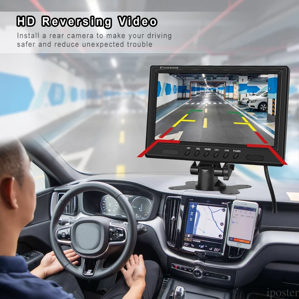 9" Quad Monitor Split Screen 4ch 4Pin Video In Flip Image 12-36v For Truck Cams - Image 3 of 4