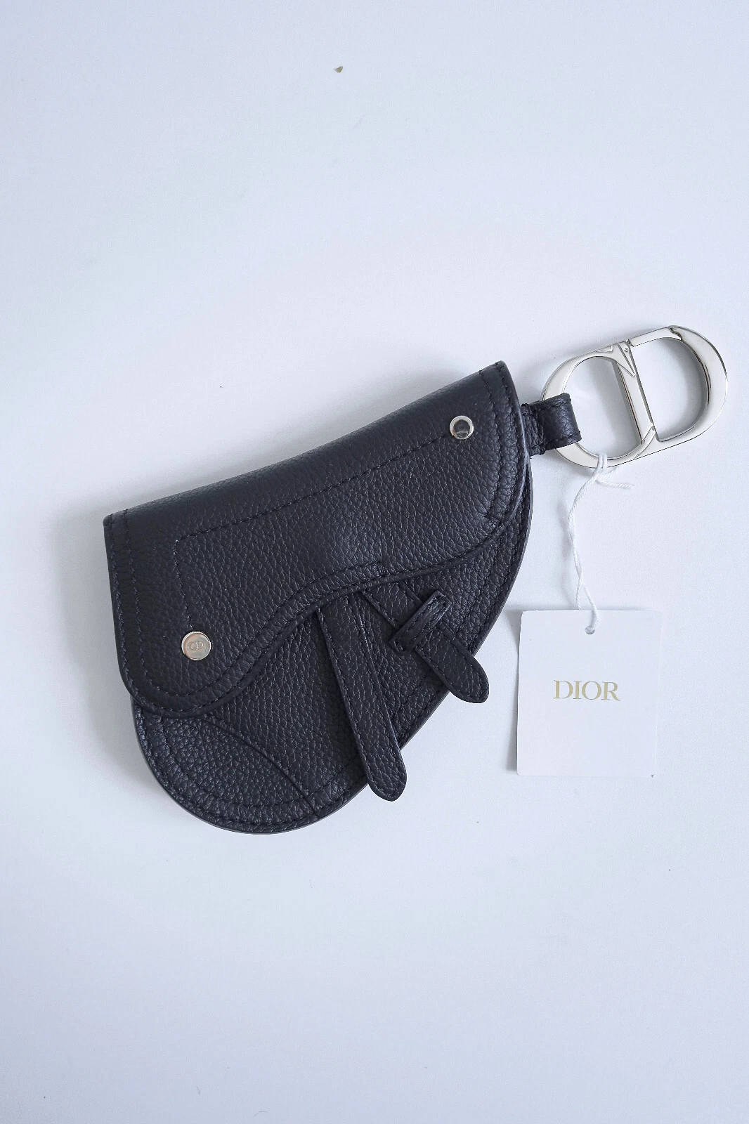 Neuf ! DIOR porte clé selle cuir bleu marine pochette sac à main kim jones argent CD