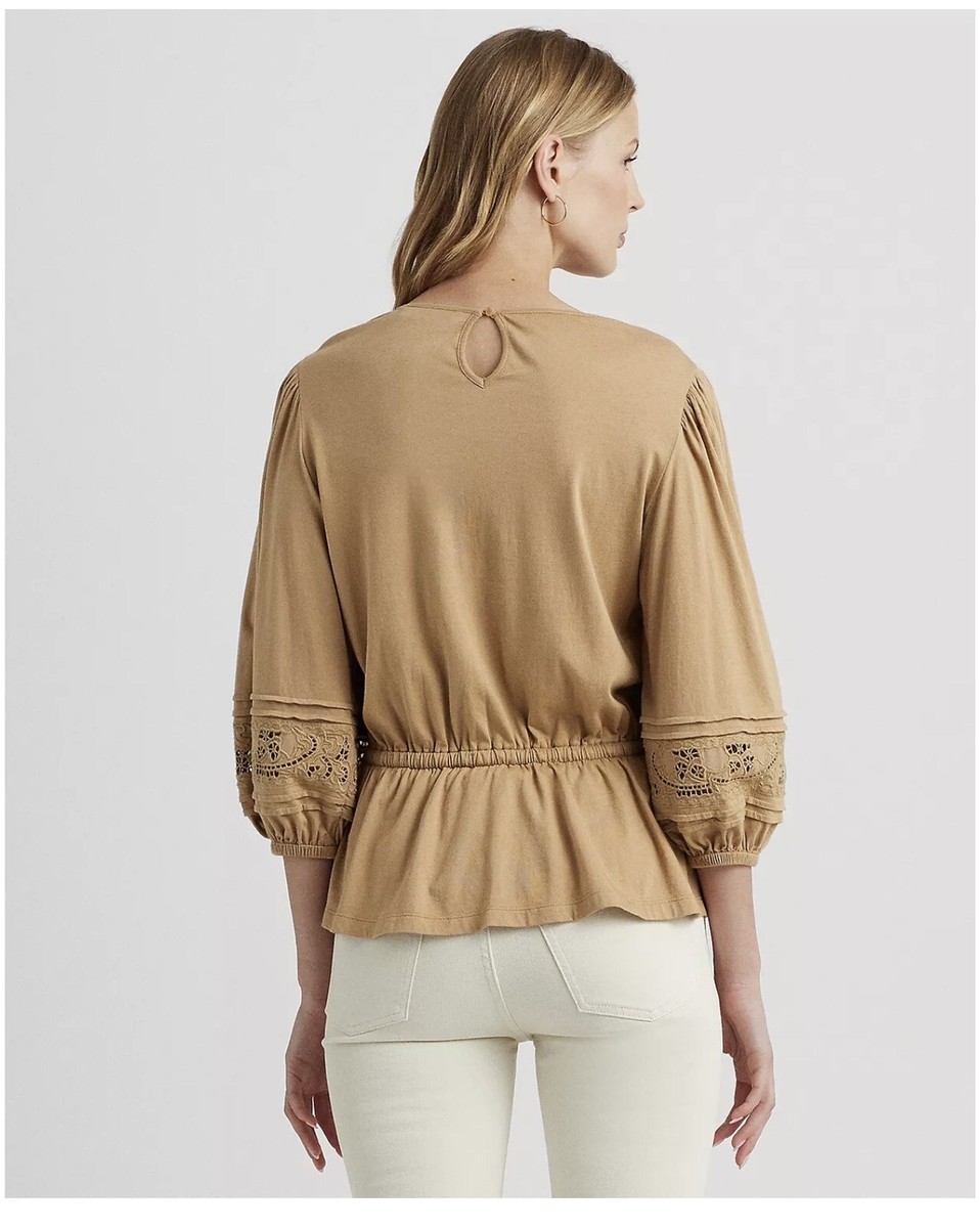 NWT Lauren Ralph Lauren Lace-Trim Jersey Peplum Top M | eBay