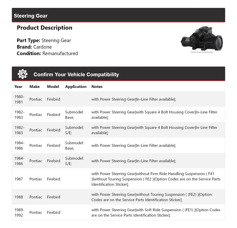 Engranaje de dirección Cardone para Pontiac Firebird 1980-1992 1981 1982 1983 1984 1985 Foto 2 de 4