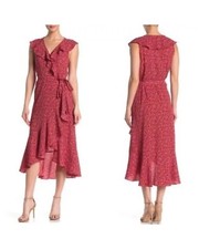 NWT Max Studio Sz XS Ruffle Crepe High Low Wrap Floral Midi Dress in Red