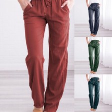Waist Pocket Elastic Bottoms Long Pants Ladies Cotton Linen Trousers Women Solid