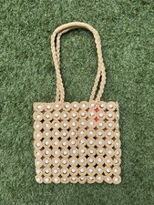 Handwoven Double Handle Straw Raffia Pearl Embellished Tote Beach Bag Handbag