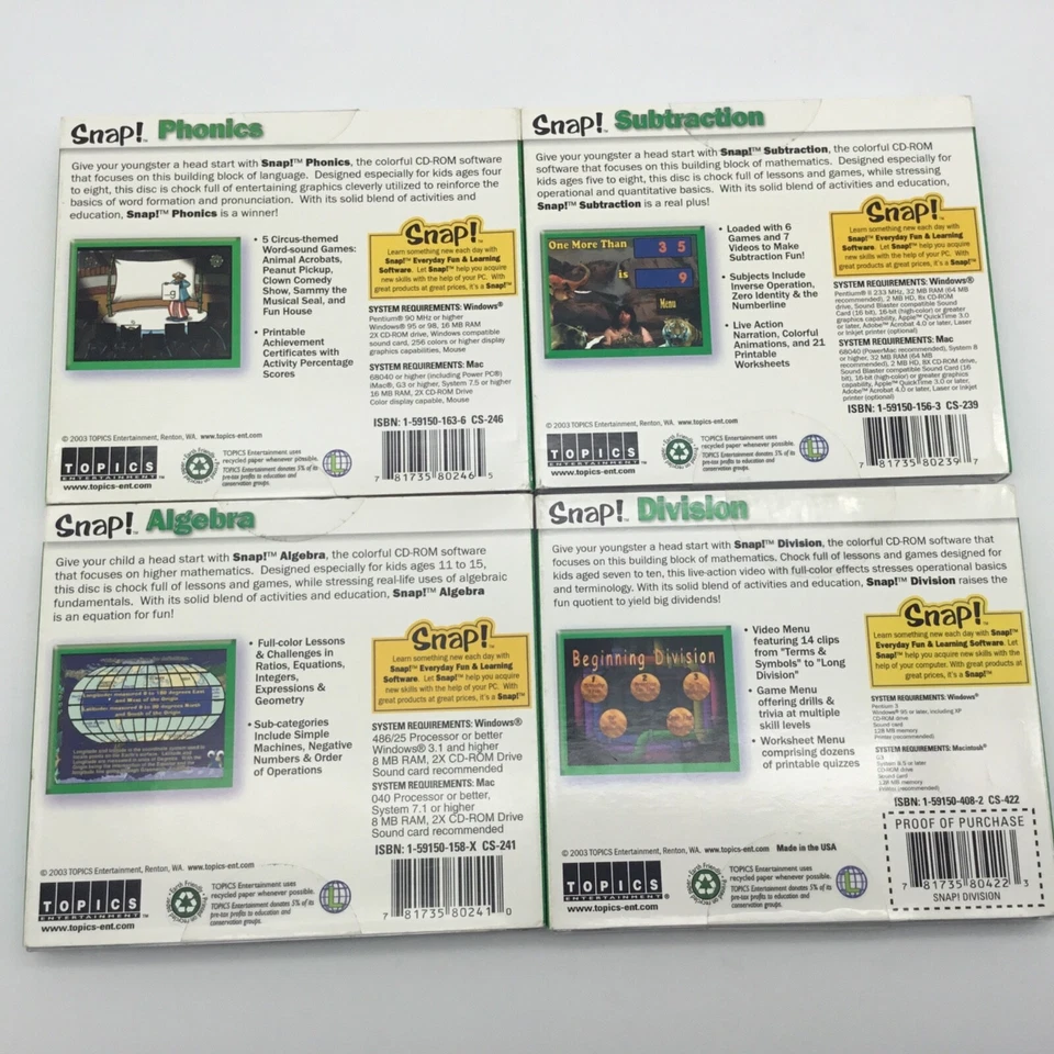 5 Snap Learning (CD-ROM)  Phonics Subtraction Division Algebra Geometry  Win Mac - Image 2 of 4