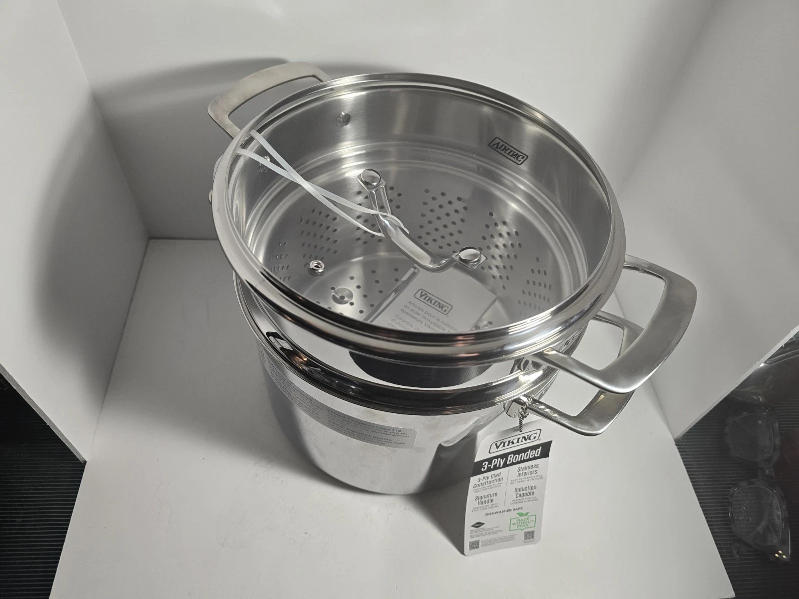 VIKING 3-Ply Stainless Steel 8 Qt Stockpot W/pasta Strainer & Glass Lid New