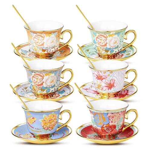 Tea Cups and Saucers Tea Cup Set of 6 8 OZ Floral Tea Cups Porcelain Tea Set