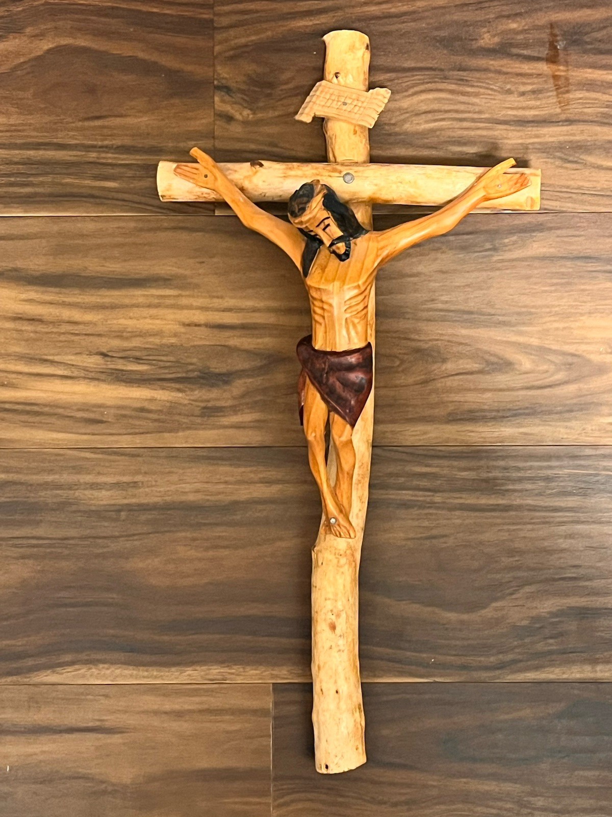Vintage Hand Carved Wood Jesus On Cross Wall Hanging Crucifix 22 Inches Tall
