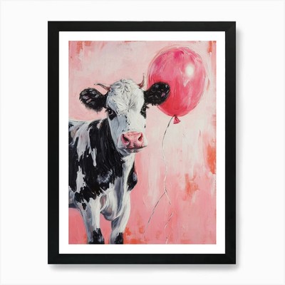 Süße Kuh 1 mit Ballon Kunstdruck F gerahmt Wandbild Poster Leinwanddruck Bild