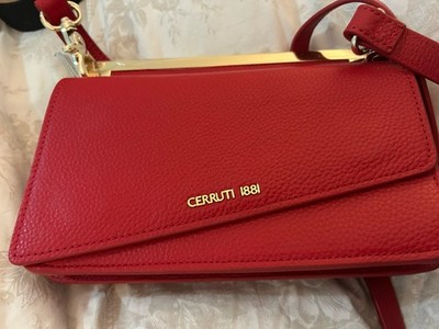 CERRUTI 1881 Red Pebbled Shoulder Bag Gold Hardware Adjustable Strap Tag